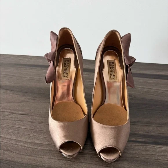Badgley Mischka Satin Brown Peep-Toe Heels - Picture 3 of 8